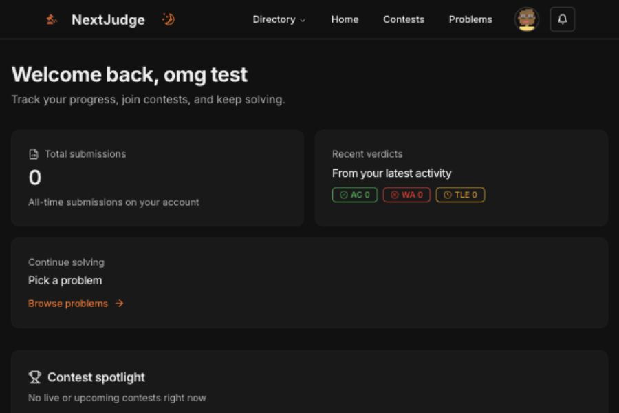 Participant dashboard with submission statistics, a continue-solving prompt and a contest spotlight.