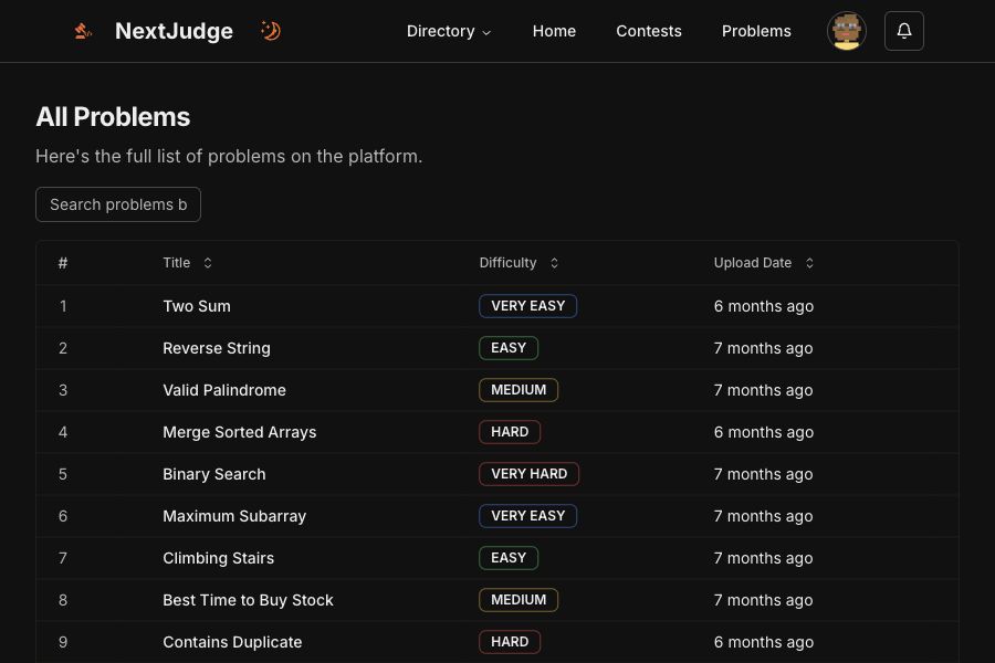 Problem catalog with search, sortable columns and difficulty labels.
