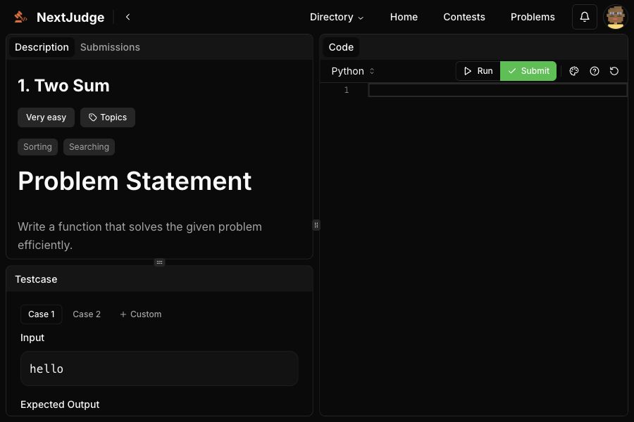 Split-screen solver with statement and tests on the left, code editor on the right.